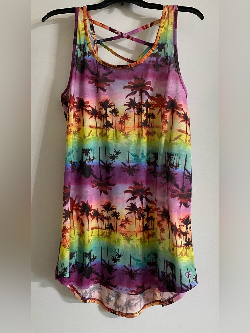 OP tank top beach cover-up with bright colors and palm trees